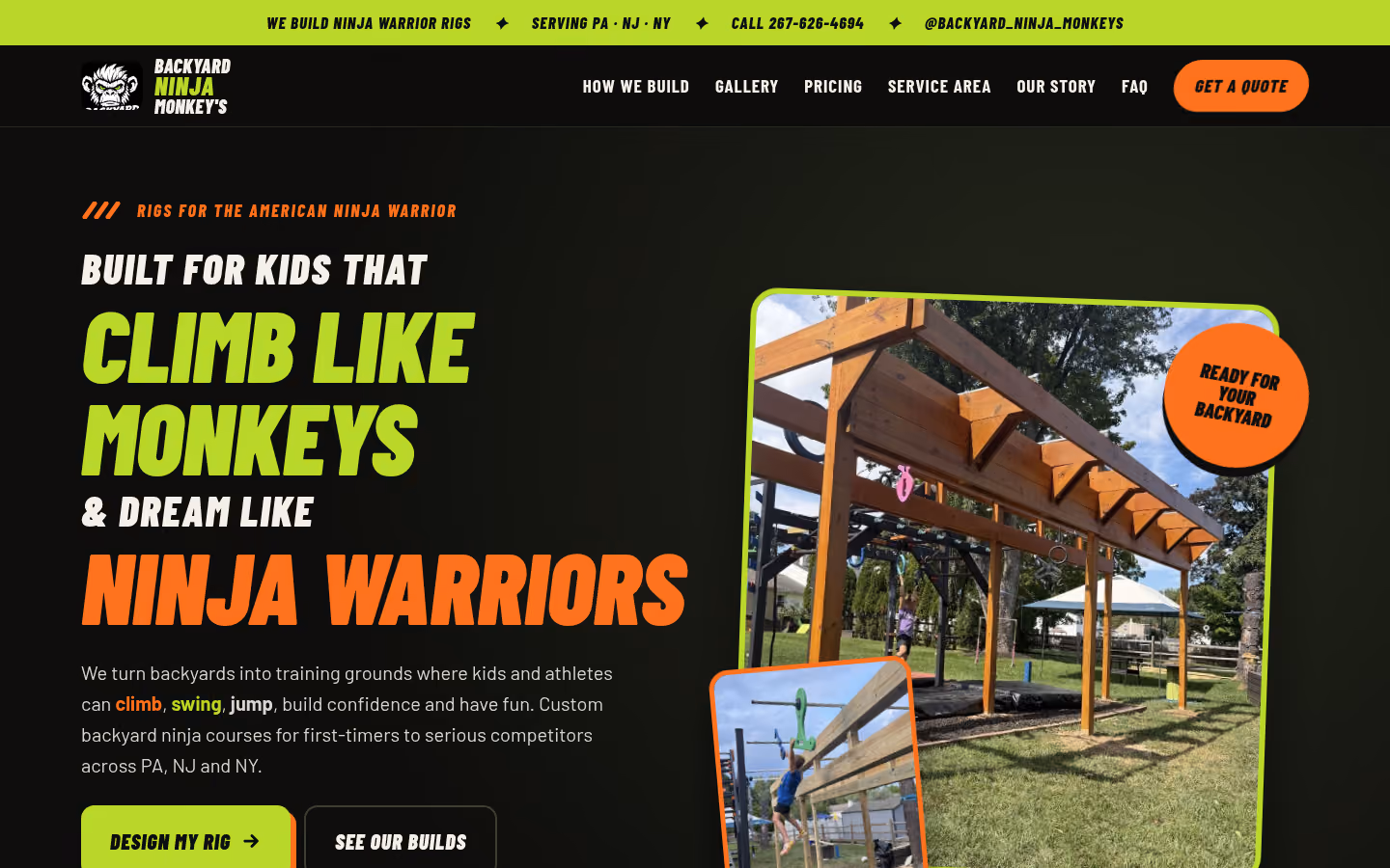 Backyard Ninja Monkey's homepage: the headline 'Climb like monkeys and dream like Ninja Warriors' beside a photo of a wooden backyard ninja rig
