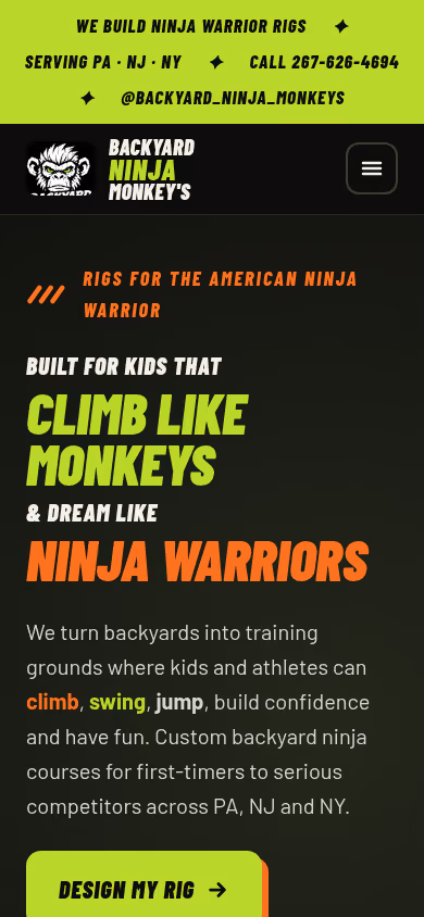 Backyard Ninja Monkey's homepage on a phone, with the headline and a 'Design my rig' button