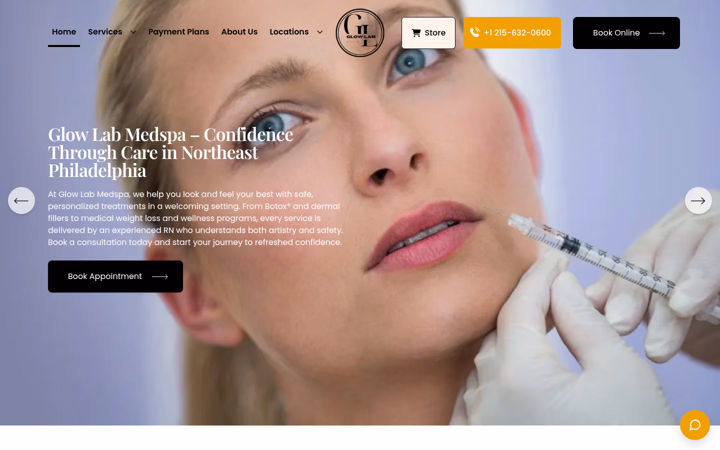 Glow Lab Medspa homepage: 'Confidence Through Care in Northeast Philadelphia' with Book Online and call buttons