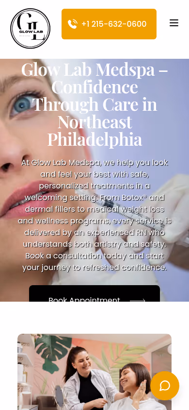 Glow Lab Medspa homepage on a phone, with the call button and a Book Appointment button