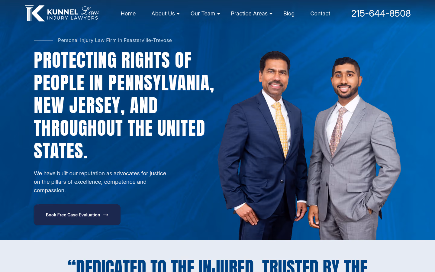 Kunnel Law homepage: a bold headline about protecting injured people beside a photo of the two attorneys, with a Book Free Case Evaluation button