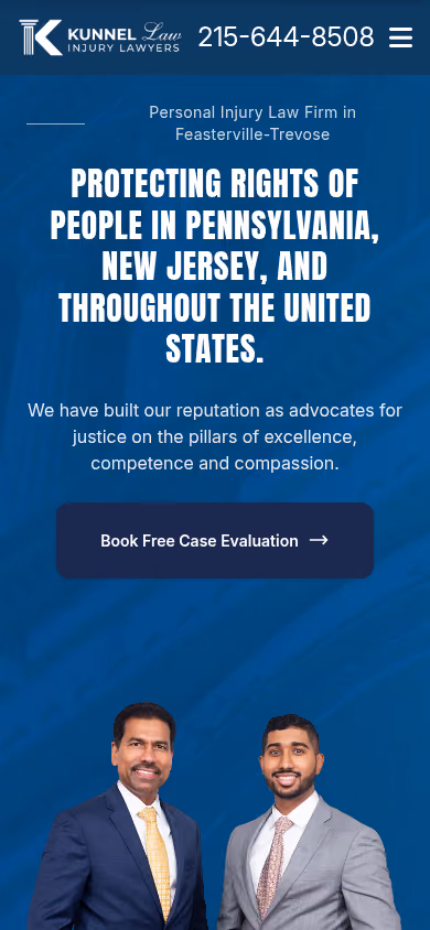 Kunnel Law homepage on a phone, with the phone number and a Book Free Case Evaluation button