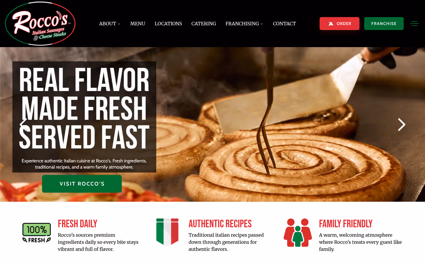 Rocco's homepage: 'Real flavor, made fresh, served fast' over a close-up of Italian sausage on the grill, with Order and Franchise buttons