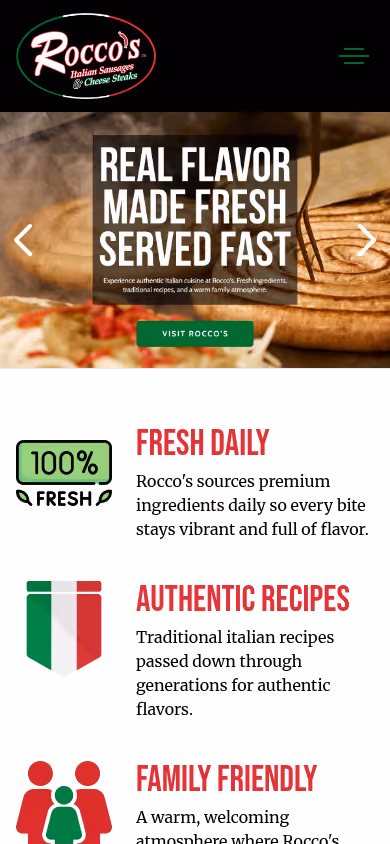 Rocco's homepage on a phone, with the logo, the headline over a sausage photo and a Visit Rocco's button
