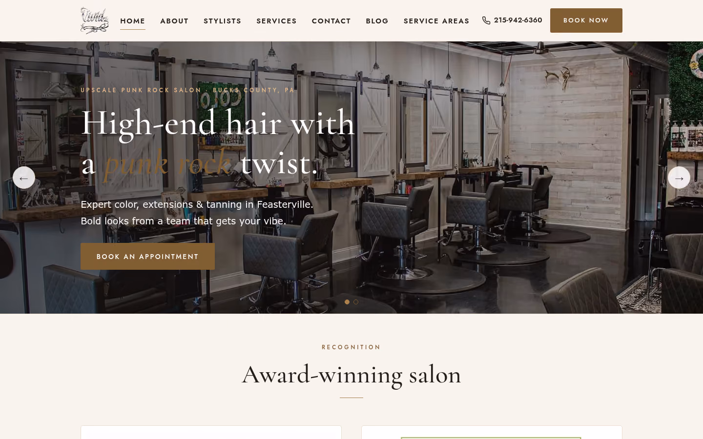Vivid Hair Lounge homepage: 'High-end hair with a punk rock twist' over a photo of the salon, with a Book Now button