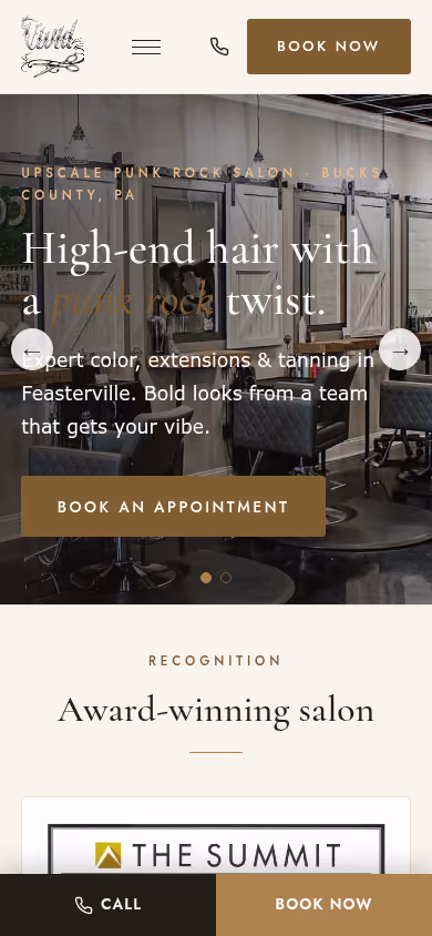 Vivid Hair Lounge homepage on a phone, with Call and Book Now buttons fixed at the bottom